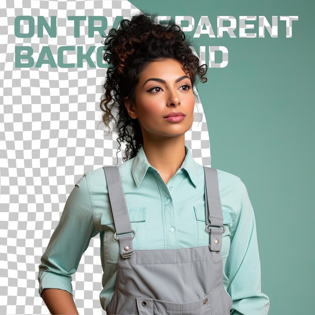 A honored young adult woman with kinky hair from the west asian ethnicity dressed in roofer attire poses in a intense direct gaze style against a pastel mint background