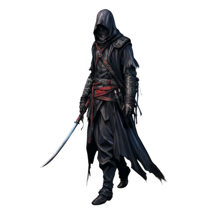 PSD a hooded assassin stands with a curved sword