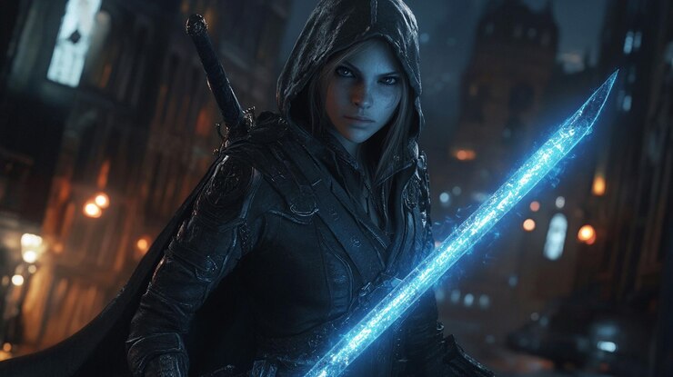 PSD a hooded female warrior with glowing blue katana stands in a dark city