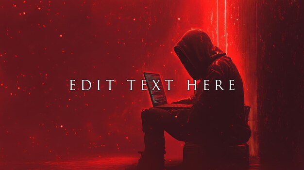 Hooded figure sits in red light using laptop code visible on screen