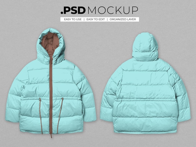 PSD hooded puffer jacket realistic mockup