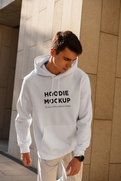 PSD hoodie mockup street style, stylish man