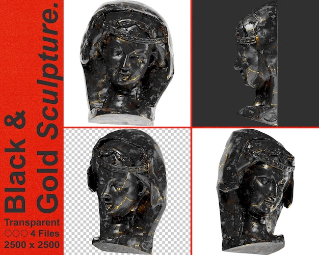 PSD hoofd van een dwaze maagd een betoverend zwart marmeren beeld met gouden accenten voor artistieke projectenxa