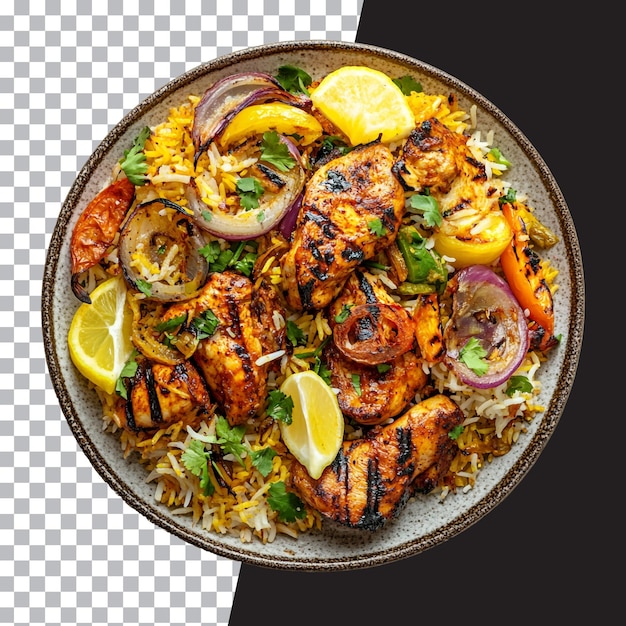 Hoofdbeeld van een bord kip Mandi Biryani