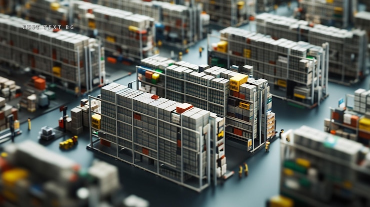 PSD hooghoekbeeld van een miniatuur magazijn met talrijke opslagrekken, arbeiders en heftrucks