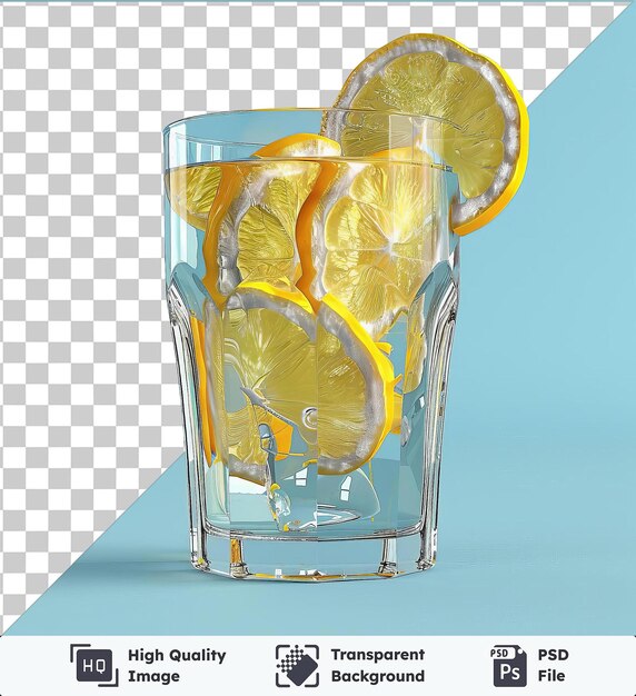 PSD hoogwaardig doorzichtig psd verfrissend glas limonade met ijsblokjes versierd met gesneden citroenen en een donkere schaduw