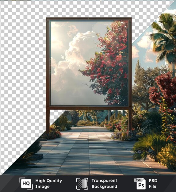 PSD hoogwaardig transparant psd-billboardmodel in een park met bomen onder een zonnige lucht