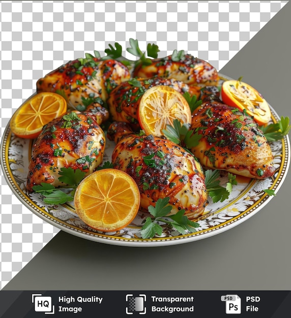PSD hoogwaardig transparant psd-plaatje van semur ayam voor eid al-fitr vergezeld van gesneden sinaasappels en een groen blad op een grijze en transparante achtergrond