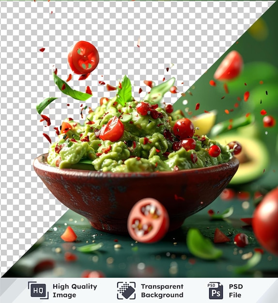 PSD hoogwaardige doorzichtige psd van guacamole schaal met vliegende avocado limoen en tomaten
