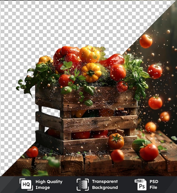 PSD hoogwaardige doorzichtige psd-weergave van kleurrijke groenten in houten doos