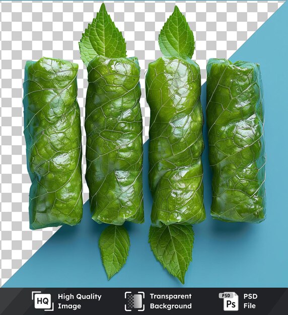 PSD hoogwaardige transparante psd-dolma met groene bladeren op een blauwe achtergrond