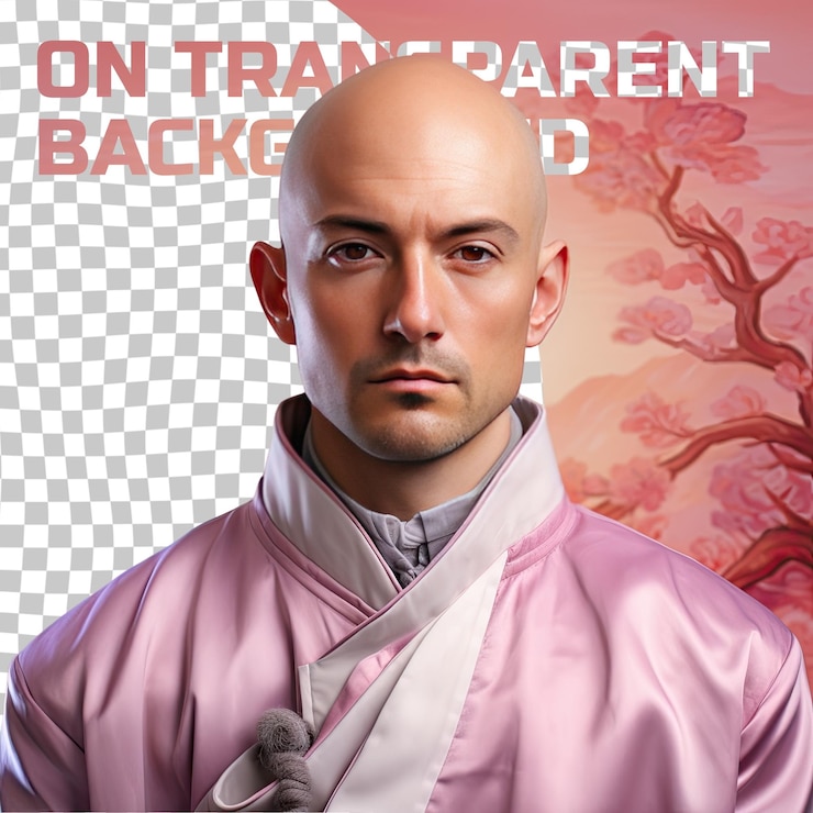PSD a hopeful adult man with bald hair from the mongolic ethnicity dressed in diplomat attire poses in a close up of eyes style against a pastel periwinkle background