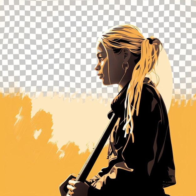 PSD a hopeful child girl with blonde hair from the aboriginal australian ethnicity dressed in musician attire poses in a profile silhouette style against a pastel yellow background