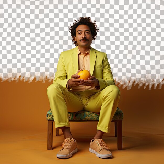 PSD a hopeful middle aged man with kinky hair from the south asian ethnicity dressed in cashier attire poses in a sitting with legs stretched out style against a pastel lemon background