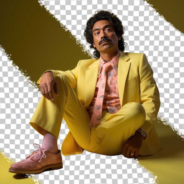 PSD a hopeful middle aged man with kinky hair from the south asian ethnicity dressed in cashier attire poses in a sitting with legs stretched out style against a pastel lemon background