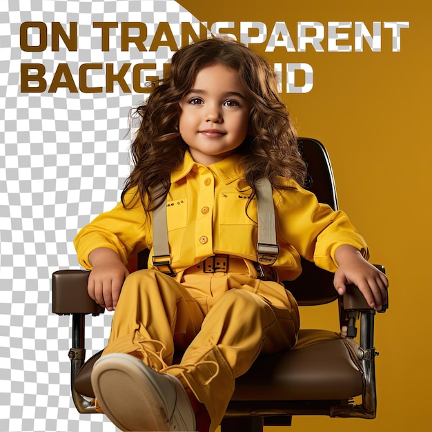 Una bambina in età prescolare speranzosa con i capelli ondulati di etnia mongola, vestita con abiti da ingegnere industriale, posa a figura intera con un sostegno come una sedia sullo sfondo di uno schienale color limone pastello