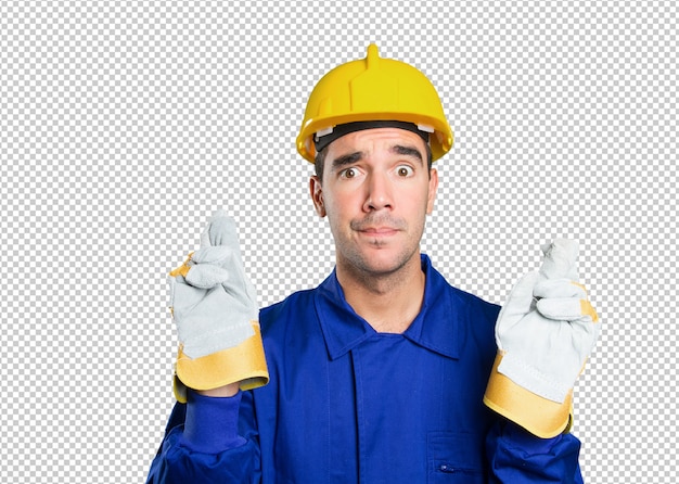 Hopeful worker on white background