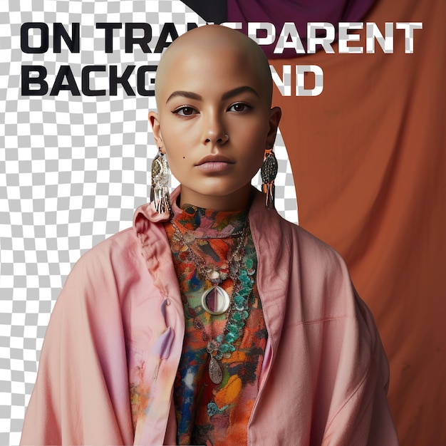 PSD a hopeful young adult woman with bald hair from the west asian ethnicity dressed in crafting handmade items attire poses in a soft gaze with tilted head style against a pastel coral backgro