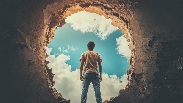 PSD hopes glimpse a man gazes towards the sky through a hole in the earth symbolizing the search for light and freedom in challenging times