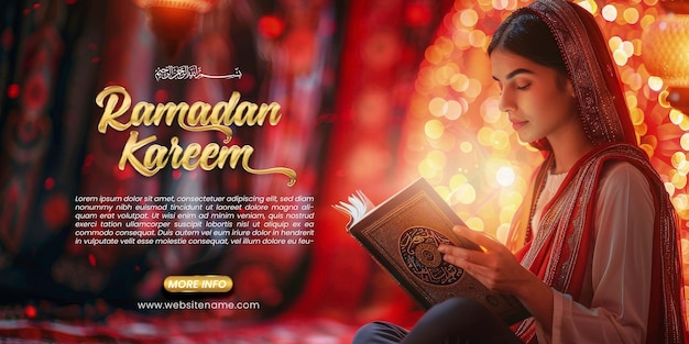 Horizontaal banner sjabloon voor islamitisch feest met een meisje dat de koran leest social media banner