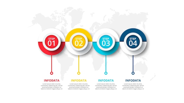 Horizontaal voortgangsdiagram met 4 cirkels op de wereldkaart Tijdlijn infographic ontwerpsjabloon