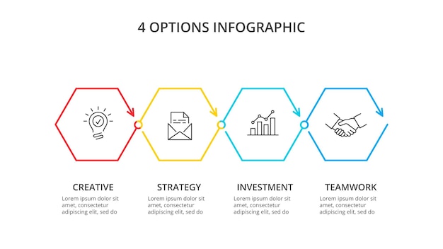 PSD horizontaal voortgangsdiagram met 4 zeshoekenelementen creatieve infographic ontwerpsjabloon