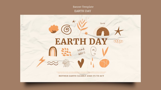 Horizontal banner for earth day with wrinkled paper texture and hand drawn elements