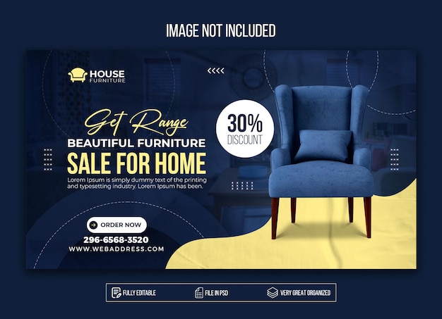 PSD horizontal banner or facebook cover with creative furniture design and home discount premium psd