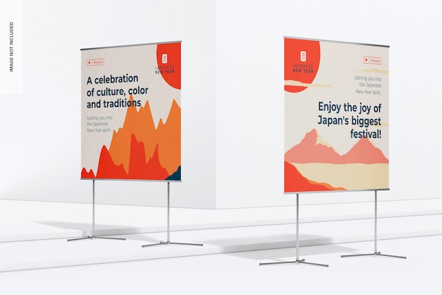 Horizontal banner stands mockup, up and down