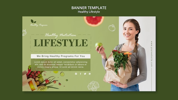 PSD horizontal banner template for healthy lifestyle with woman