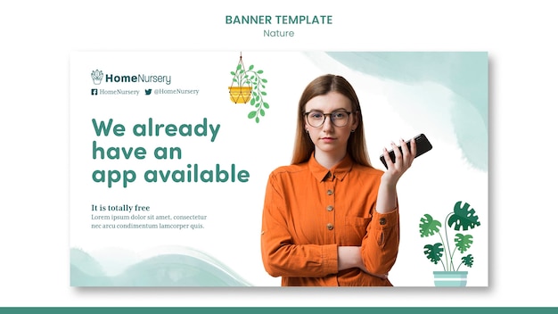 PSD horizontal banner template for houseplants care with woman