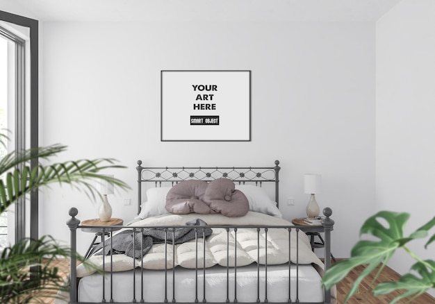 Horizontal black frame mockup in bedroom