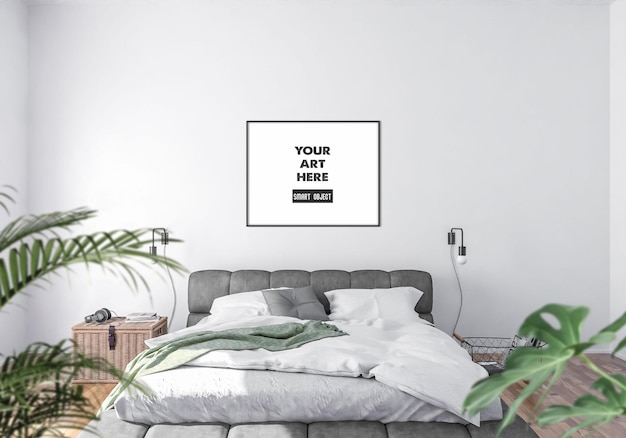 Horizontal black frame mockup in bedroom