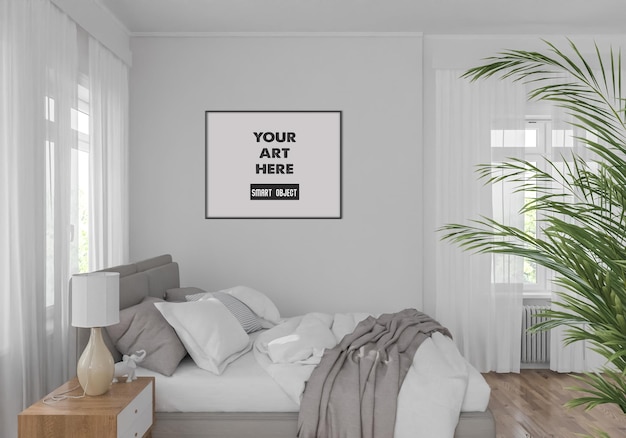 Horizontal black frame mockup in bedroom