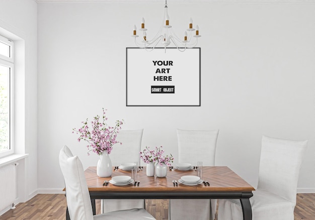 PSD horizontal black frame mockup in dining room