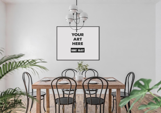 PSD horizontal black frame mockup in dining room