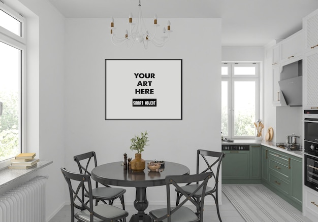 PSD mockup di cornice nera orizzontale in cucina