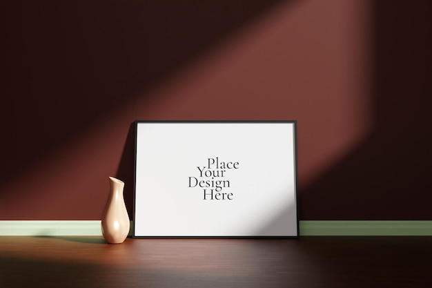 Poster nero orizzontale o mockup di cornici per foto con vaso sul pavimento di legno appoggiato alla parete della stanza con ombra