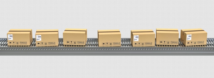 PSD 横のコンベヤーベルトの横から見るとパッケージが白い背景に隔離されています 3d レンダリング