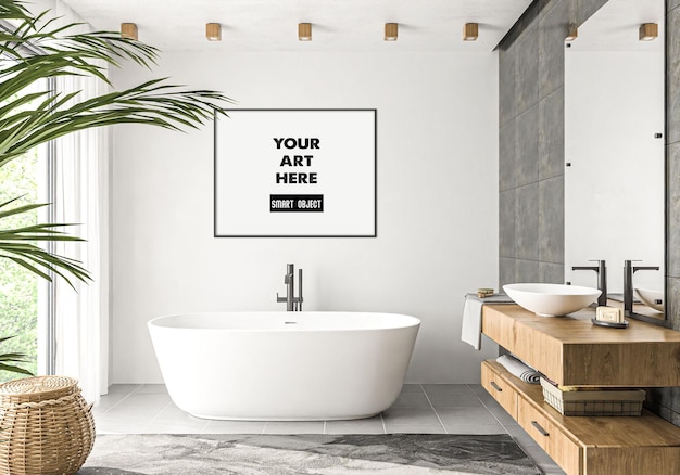 PSD horizontal frame mockup in bathroom