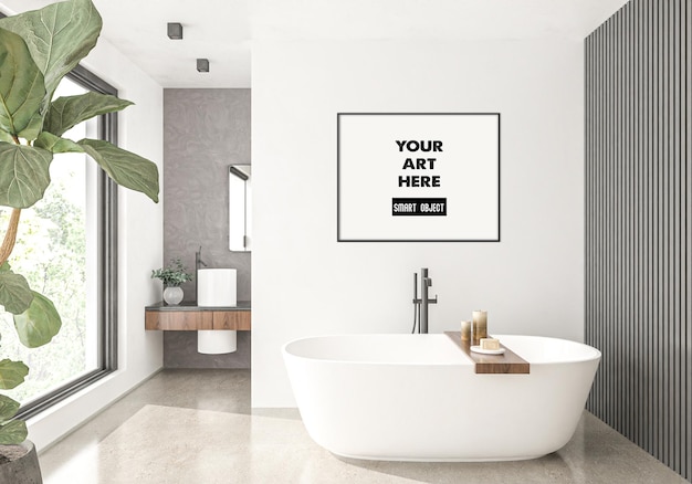 PSD horizontal frame mockup in bathroom