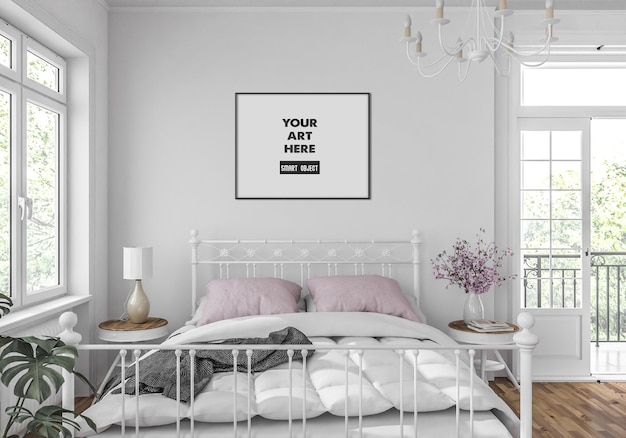 PSD horizontal frame mockup in bedroom