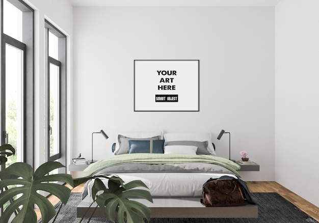 PSD horizontal frame mockup in bedroom