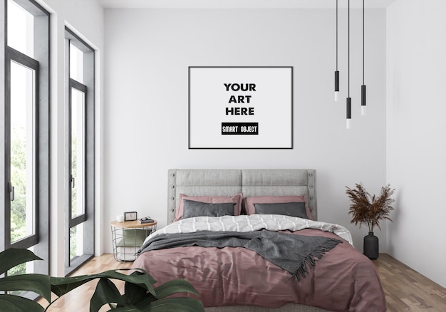 Mockup di cornice orizzontale in camera da letto