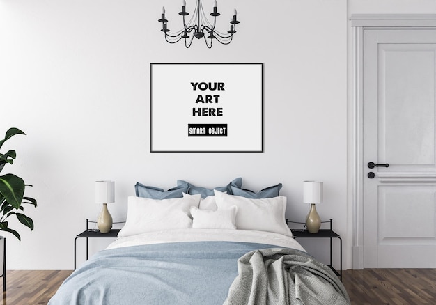 PSD mockup di cornice orizzontale in camera da letto