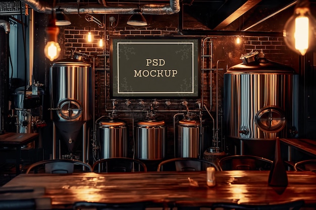 PSD horizontal frame mockup in dark brewery bar interior