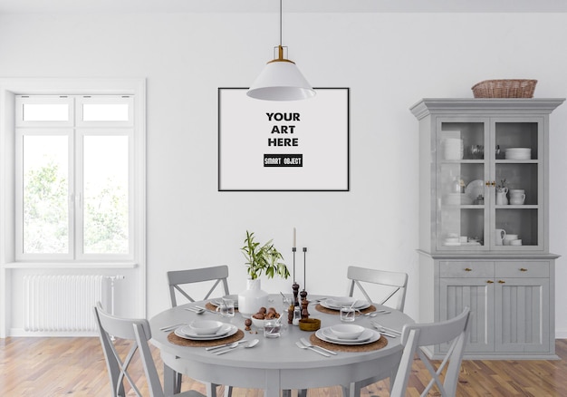 PSD horizontal frame mockup in dining room