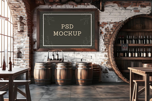 PSD Мокет горизонтальной рамы в винном ресторане с деревянными бочками