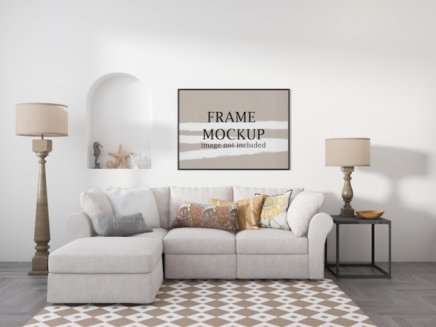 Horizontal frame mockup on white wall in country interior