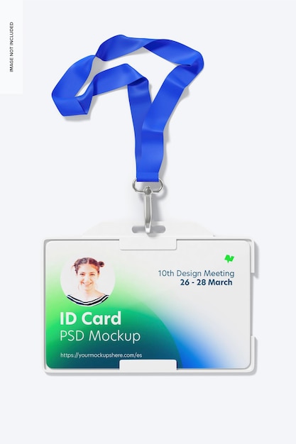 끈 목업이있는 수평 ID 카드